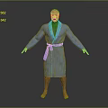 Bald Man in Blue Striped Bathrobe Standing with Arms Outstretched on Gray Gradient Background