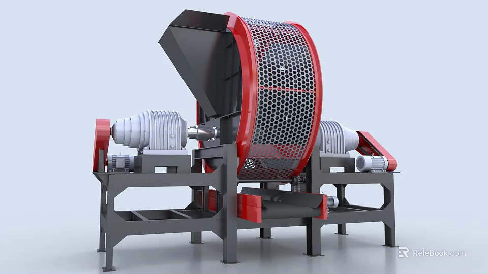 Industrial Rotary Drum Screen Machine With Red Mesh Cylinder And Gray Frame 3d model 