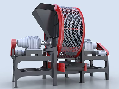 Industrial Rotary Drum Screen Machine With Red Mesh Cylinder And Gray Frame 3d model
