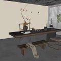New Chinese Style Log Style Tea Table and Chair Tea Table Screen Partition Bench Vase Tea Set Ornaments 3d model