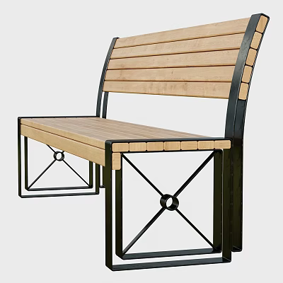Outdoor Bench With Wooden Slats And Black Metal Frame For Garden Seating 3d model