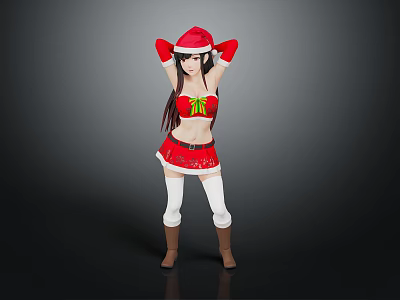 Anime Character In Red Christmas Outfit With Green Bow Santa Hat White Stockings Brown Boots 3d model