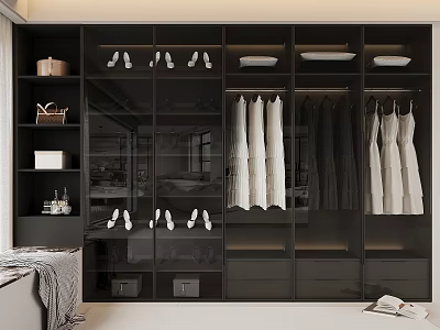 Modern Black Wardrobe Interior Design With Glass Doors Hanging Dresses Folded Clothes And Shoes 3d model