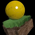 Sports Equipment Yellow Soccer Ball With Signatures On Green Grass Wooden Block