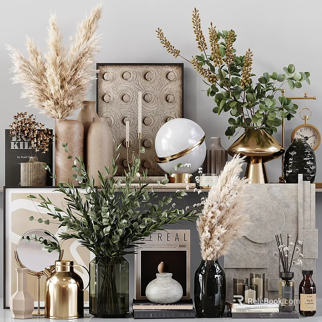 Decorative Ornament Set With Pampas Grass Green Plants Vases And Golden Accents 3d model 