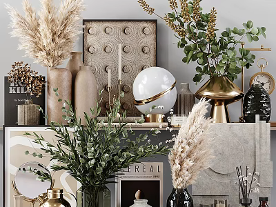 Decorative Ornament Set With Pampas Grass Green Plants Vases And Golden Accents 3d model