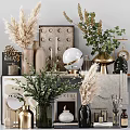 Decorative Ornament Set With Pampas Grass Green Plants Vases And Golden Accents