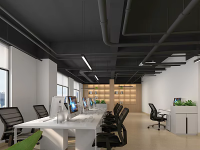Modern Public Office Space with White Desks Black Chairs Open Layout and Natural Light 3d model