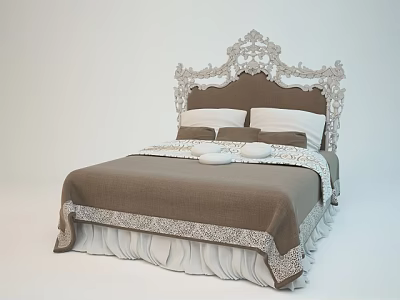 Elegant Double Bed with Ornate Carved Headboard and Brown Lace Trim Bedspread 3d model
