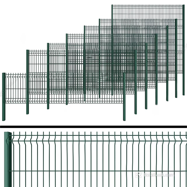 Green Metal Fence with Grid Pattern and Wavy Top Design for Garden Security 3d model 