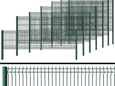 Green Metal Fence with Grid Pattern and Wavy Top Design for Garden Security 3d model