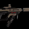 Futuristic Tactical Weapon With Ergonomic Grip Metallic Finish And Red Accents