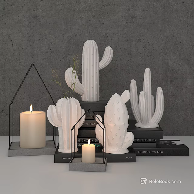 Modern Minimalist Decorative Ornament Set With White Cactus Candles And Black Books 3d model 