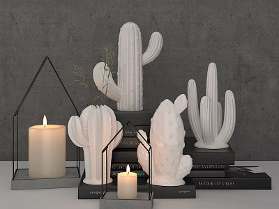 Modern Minimalist Decorative Ornament Set With White Cactus Candles And Black Books 3d model
