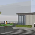 Modern Entrance Gate Design With Glass Structure Stone Wall Green Shrubs And Access Control