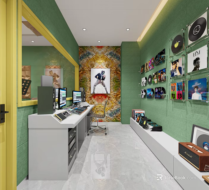 Vinyl Record Store Interior With Green Walls Display Shelves And Workstation 3d model 