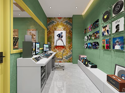 Vinyl Record Store Interior With Green Walls Display Shelves And Workstation 3d model