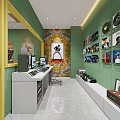 Vinyl Record Store Interior With Green Walls Display Shelves And Workstation