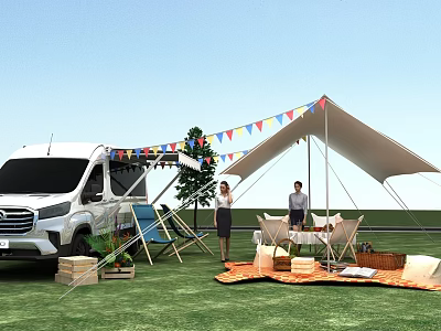 Outdoor Camping Setup With White Van Tent Colorful Flags And People On Grassy Area 3d model