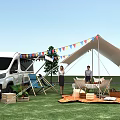 Outdoor Camping Setup With White Van Tent Colorful Flags And People On Grassy Area
