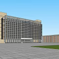 Modern Office Building Exterior With Glass Curtain Wall And Landscaped Parking Area