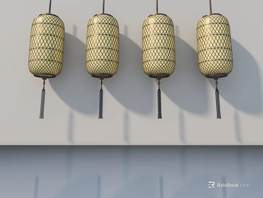 Elegant Swing Door With Yellow Grid Lanterns On White Wall And Water Reflection 3d model