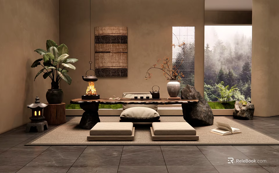 Serene Tea Room Interior With Long Wooden Table Floor Cushions Fire Pit And Forest View 3d model 