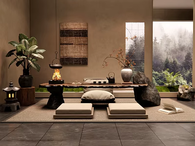 Serene Tea Room Interior With Long Wooden Table Floor Cushions Fire Pit And Forest View 3d model