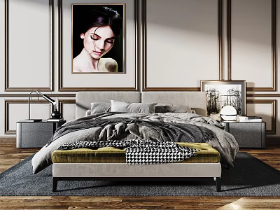 Double Bed With Gray Bedding Footstool Nightstands And Portrait On Trimmed Wall 3d model