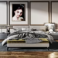 Double Bed With Gray Bedding Footstool Nightstands And Portrait On Trimmed Wall