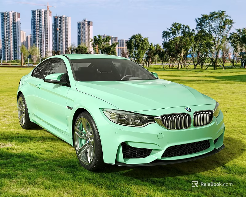Light Green BMW M4 Coupe on Grassy Lawn with Tall Buildings Background 3d model 