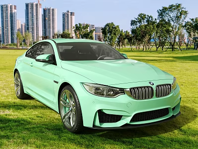 Light Green BMW M4 Coupe on Grassy Lawn with Tall Buildings Background 3d model