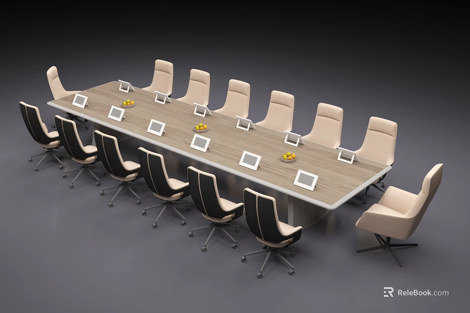 Elegant Long Conference Table with Beige Black Chairs Tablets and Yellow Flowers 3d model 