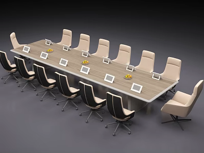 Elegant Long Conference Table with Beige Black Chairs Tablets and Yellow Flowers 3d model