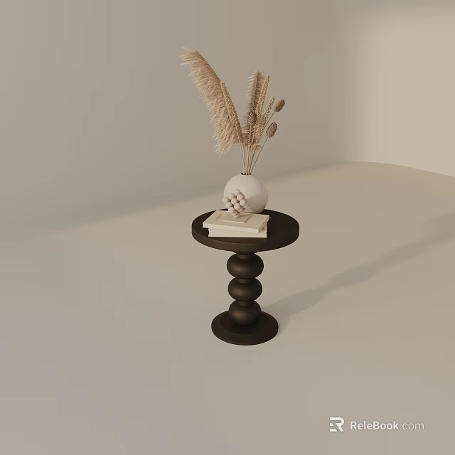 Dark Brown Side Table with Spiral Base Featuring White Vase Dried Pampas Grass and Books 3d model