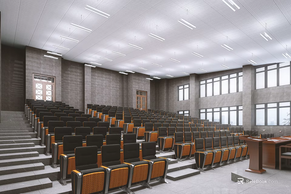 Conference Room with Staircase Style Seating Multiple Rows Podium Large Windows Gray Walls White Ceiling 3d model 