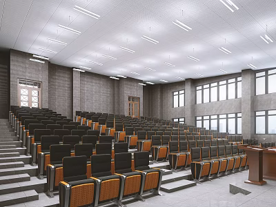 Conference Room with Staircase Style Seating Multiple Rows Podium Large Windows Gray Walls White Ceiling 3d model
