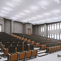 Conference Room with Staircase Style Seating Multiple Rows Podium Large Windows Gray Walls White Ceiling 3d model