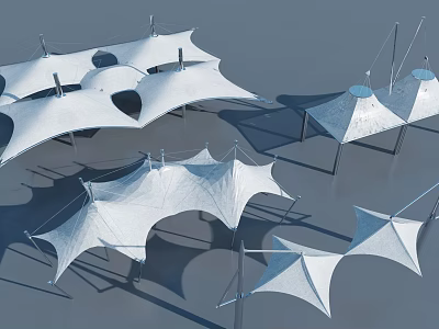 Modern Tensile Membrane Architectural Design With Unique Shapes And Steel Support Cables 3d model
