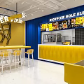Bole Burger Restaurant Vibrant Yellow Blue Decor Open Dining Area With Counter Chairs Pendant Lights
