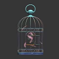 Decorative Ornament Set with Blue Metal Birdcage and Scattered Pink Feathers
