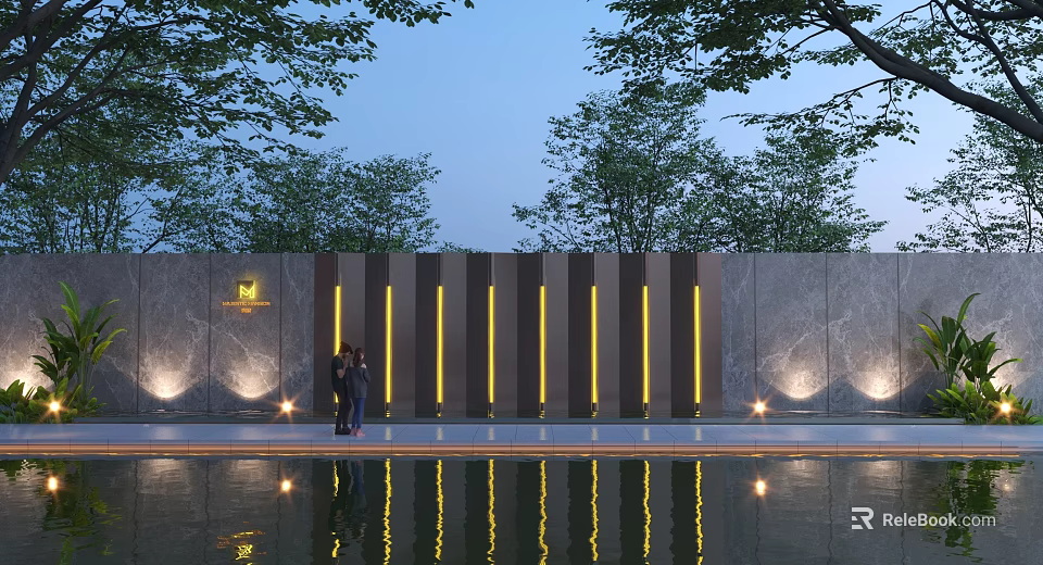 Modern Feature Wall with Vertical Stripes Lighting Water Pool Reflection and Trees 3d model 