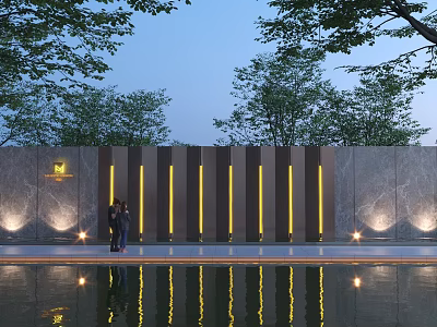 Modern Feature Wall with Vertical Stripes Lighting Water Pool Reflection and Trees 3d model