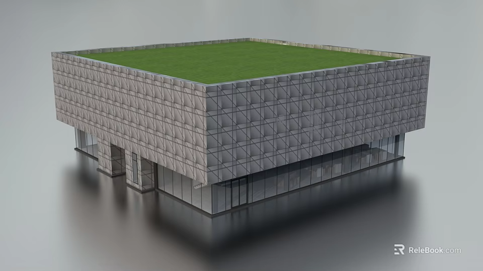 Modern Architectural Structure Featuring Green Roof Gray Grid Patterned Exterior And Glass Base 3d model
