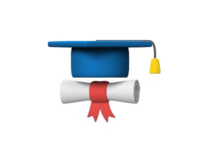 Blue Graduation Mortarboard Hat with Yellow Tassel and Rolled Diploma Red Ribbon 3d model