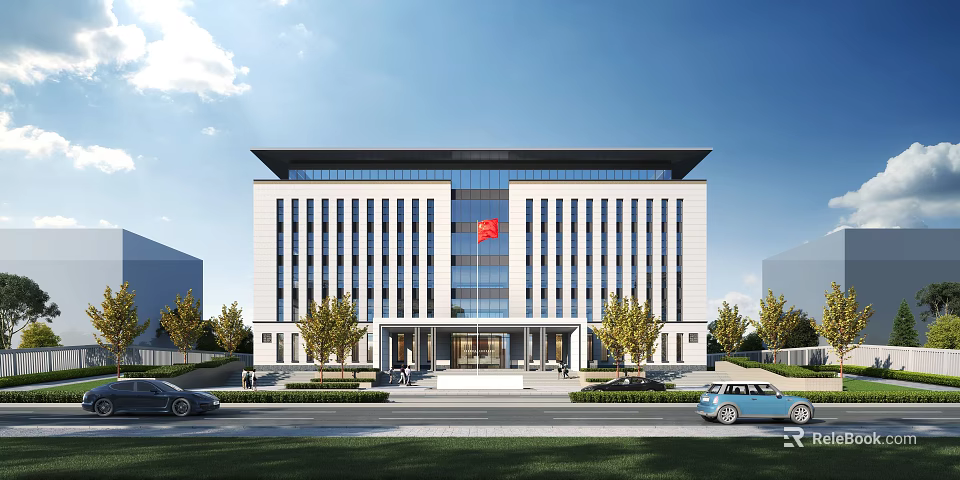 Modern Government Office Building With Red Flag Glass Curtain Wall Entrance Trees And Cars Around 3d model 
