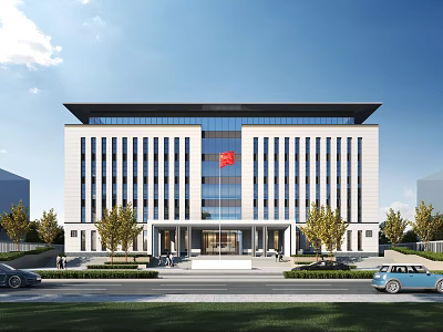 Modern Government Office Building With Red Flag Glass Curtain Wall Entrance Trees And Cars Around 3d model