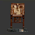Ancient Egyptian Carved Wooden Chair With Intricate Figures On Translucent Display Stand