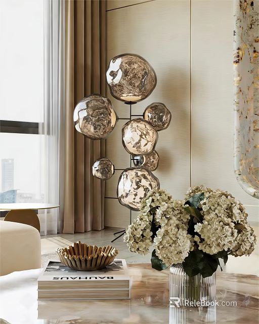 Glossy Spherical Decorative Ornament Set With Metal Frame And White Hydrangea Bouquet In Modern Interior 3d model 
