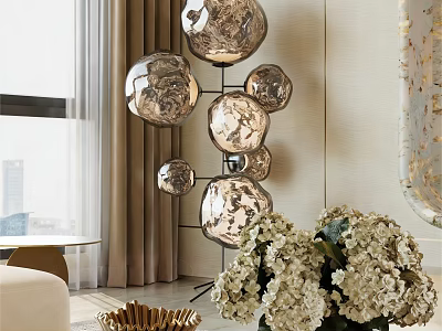 Glossy Spherical Decorative Ornament Set With Metal Frame And White Hydrangea Bouquet In Modern Interior 3d model